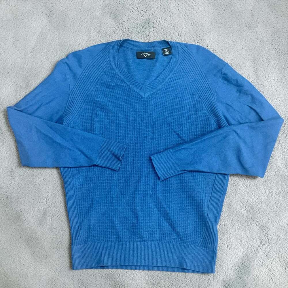 Callaway Blue V-Neck Long Sleeve Textured Sweater Medium